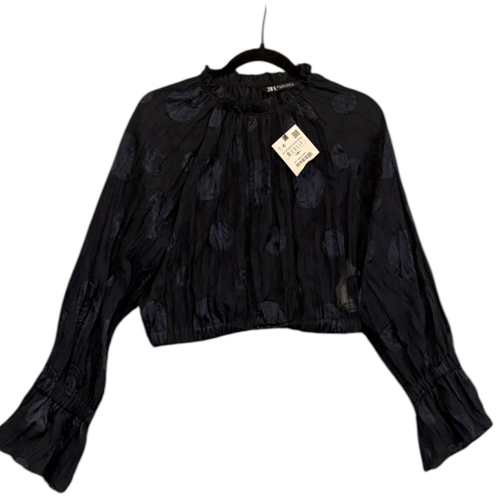 NWT Zara Cropped Sheer Whimsical Polka Dot Jacquard Blouse Ruffle Neck Sheer S
